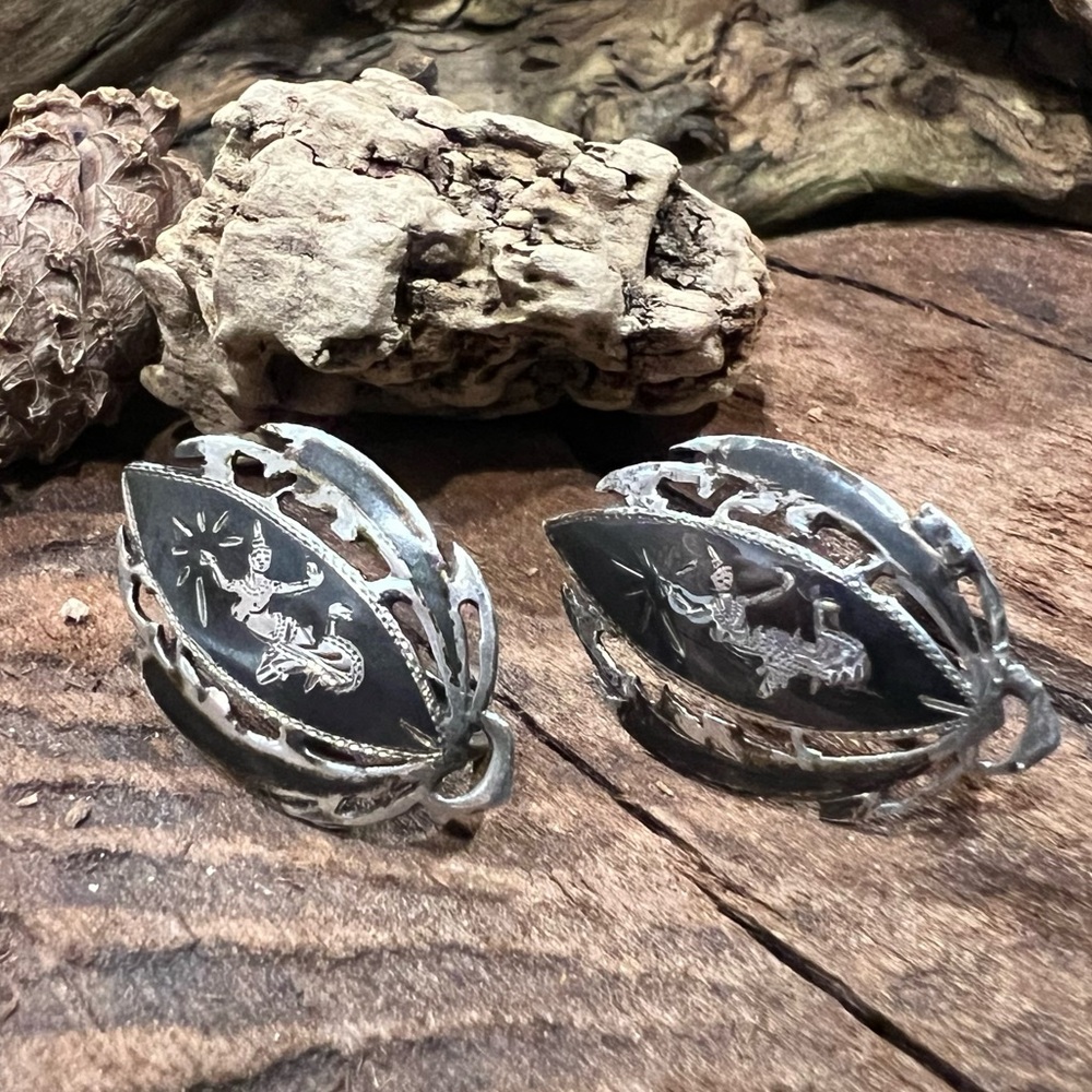 Thailand SIAM Earrings Black Niello on Sterling Silver Screw Backs 3 cm